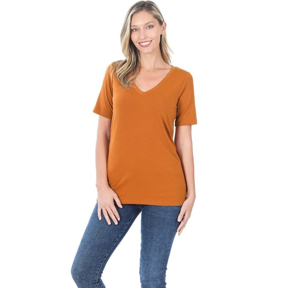 Zenana Camel Wardrobe Staple V Neck Tee - Picture 1 of 4